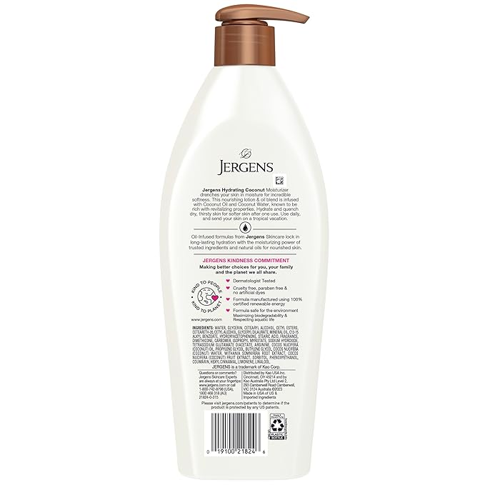 Jergens Hydrating Coconut Body Lotion,Hand and Body Moisturizer,Infused with Coconut Oil,Hydrates Dry Skin Instantly,Dermatologist Tested,16.8 oz,(Pack of 2)
