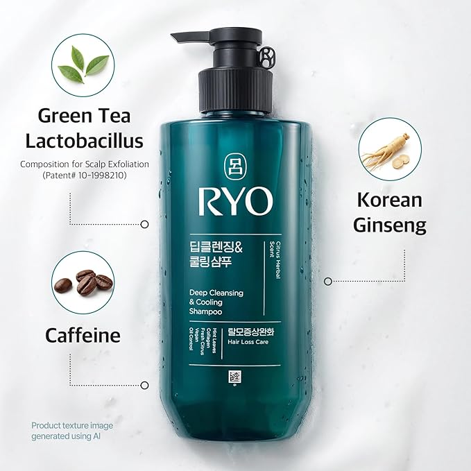RYO Deep Cleansing Shampoo with Korean Ginseng & Caffeine - Cooling and Refreshing for Oily Scalp, Hair Loss Care, Anti-Dandruff, Sebum Control, 16 Fl Oz.