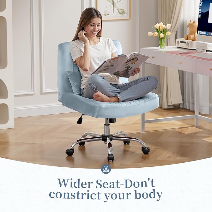 Criss Cross Office Chair with Wheels, Velvet Cross Legged Desk Chair for Bedroom, Armless Computer Chair, Modern Vanity Chair, Festival for Adults, Light Blue