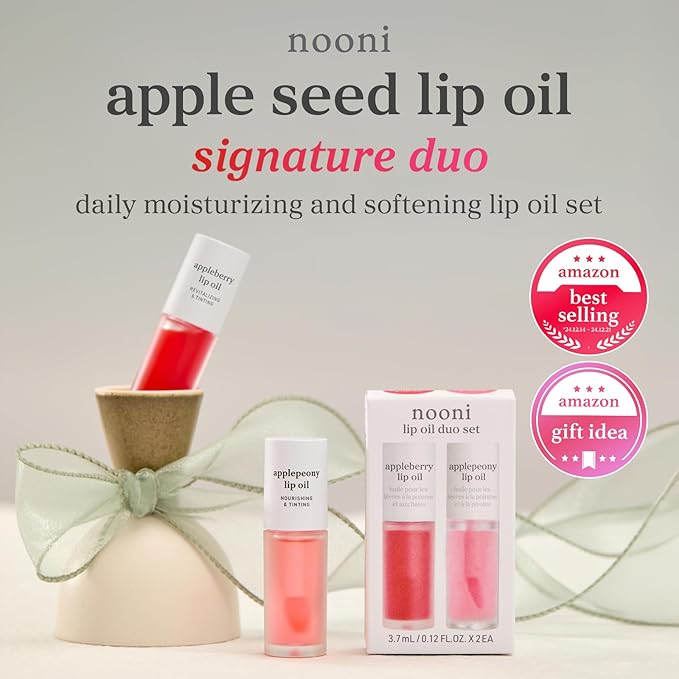 NOONI Korean Lip Oil Set - Appleberry & Applepeony - Long-Lasting, Moisturizing, Revitalizing - Waterproof, No Peel Off, Stocking Stuffers (2EA, 0.12 fl oz)