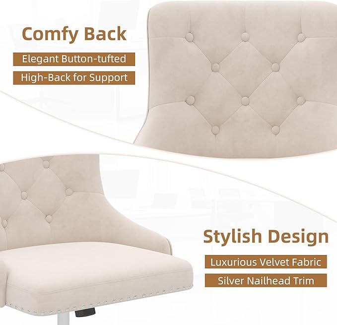 Westice Velvet Desk Chairs, Upholstered Swivel Comfy Makeup Vanity Chair with Tufted Back, Gold Metal Base & Wheels, Height Adjustable Chair for Girls, Bedroom Living Room, Beige