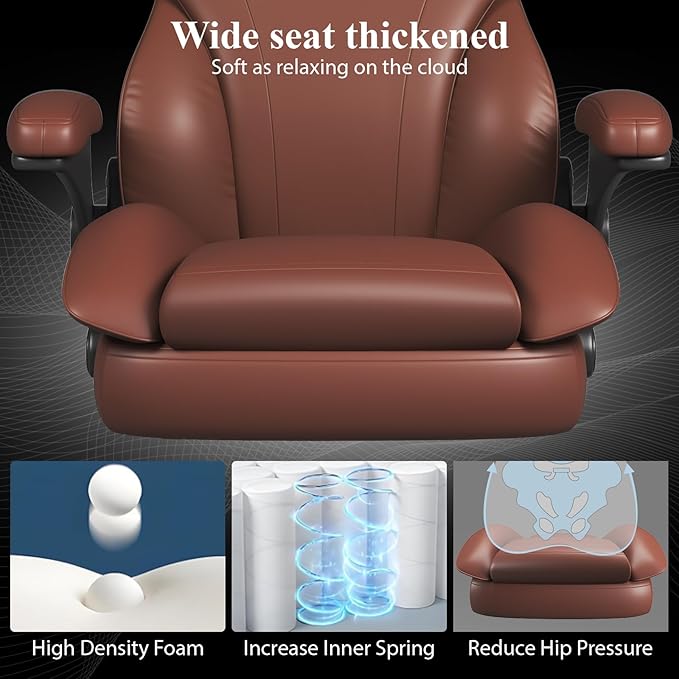 Office Desk Chair, Executive Leather Office Chair, High Back Ergonomic Home Desk Chair with Padded Flip-up Arms, Big and Tall Computer Chair with Rocking Function, 360°Swivel Free, Light Brown
