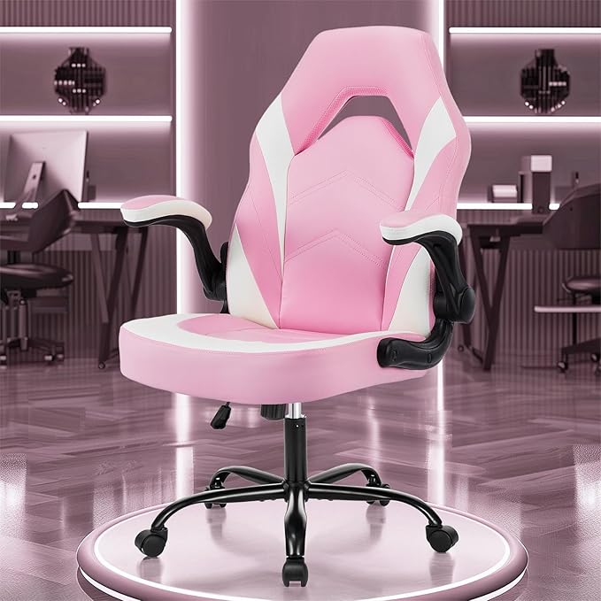 NEWBULIG Computer Gaming Desk Chair - Big Tall Ergonomic Lumbar Support with Flip-up Armrest and 360° Swivel Wheels, PU Leather Height Adjustable, for Home and Office, Pink