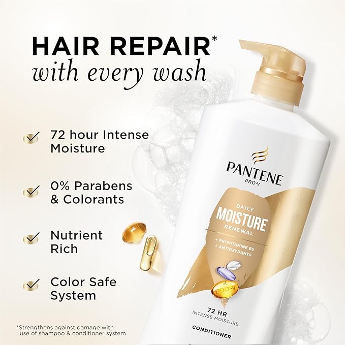 Pantene Conditioner, Daily Moisture Renewal - Pro-V Nutrients for Dry, Color-Treated, Straight to Curly Hair, 72-Hour Hydration & Softness, 25.1 Oz Each, 2-Pack + Miracle Rescue Shot (0.5 Oz)