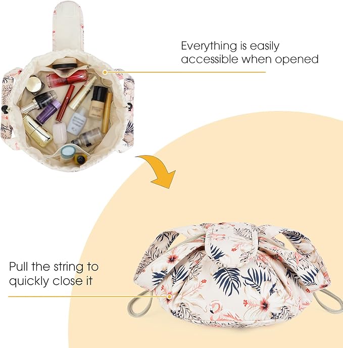 Narwey Barrel Drawstring Makeup Bag Large Floral Cosmetic Bag Make up Bags Toiletry Organizer for Women and Girls (Beige Flamingo) (Patent)