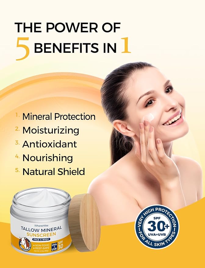 Beef Tallow Sunscreen Organic SPF 30 with Zinc Oxide,Non-Toxic 2-in-1 Moisturizer & Mineral Sunblock | Reef Safe, Chemical-Free,Lightweight, Clean Formula for Sensitive Skin.