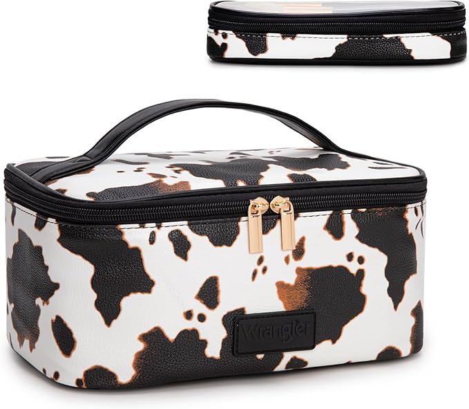 Montana West X Wrangler Travel Makeup Bag 2pcs Set Large Cosmetic Bag with Makeup Brush Holder Portable Make Up Organizer Cute Toiletry Bag with Divider and Handle for Women