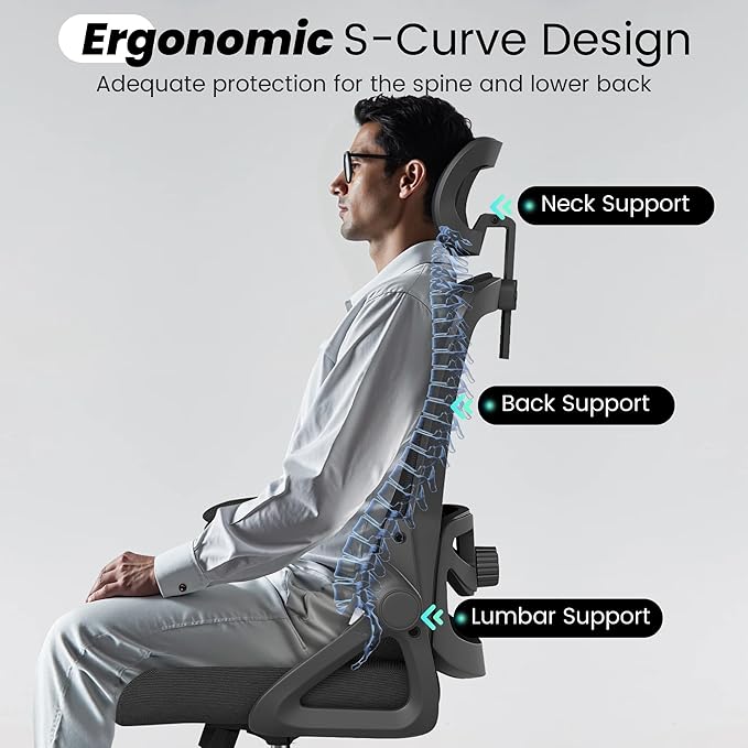 Fizzin Office Chair, Ergonomic Office Chair with High Back Mesh and Adjustable Lumbar Support, Home Mesh Office Desk Chairs with Wheels, Comfortable Gaming Chair for Long Hours (Deep Black)