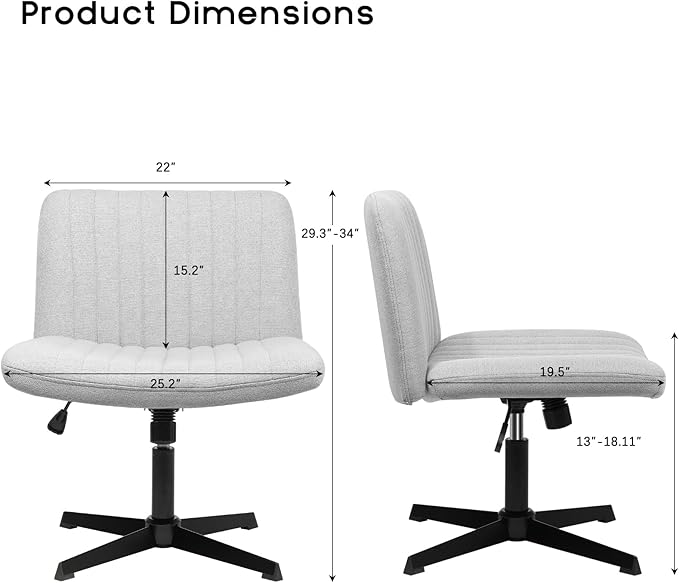 PUKAMI Criss Cross Chair,Comfy Cross Legged Office Desk Chair No Wheels,Modern Fabric Swivel Adjustable Height Mid Back Wide Seat for Home Office Computer (Grey)