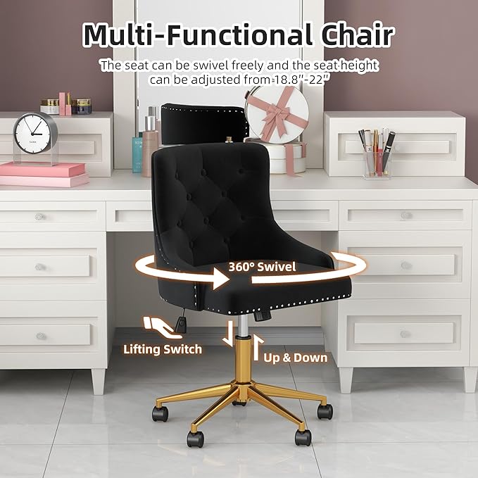 Westice Velvet Desk Chairs, Upholstered Swivel Comfy Makeup Vanity Chair with Tufted Back, Gold Metal Base & Wheels, Height Adjustable Chair for Girls, Bedroom Living Room, Black