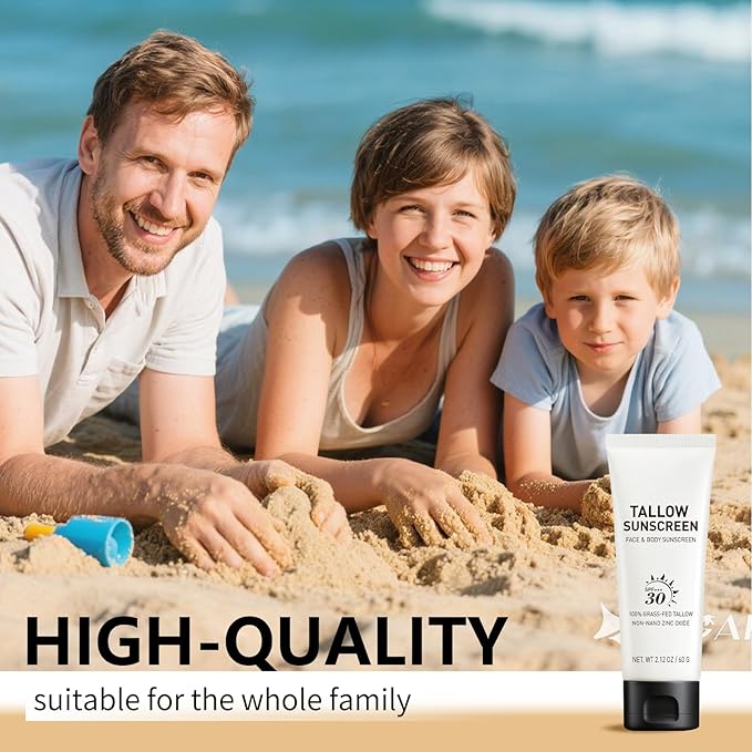 Beef Tallow Mineral Sunscreen SPF with Zinc Oxide – Natural Face & Body Sunblock, Non-Greasy Daily Sun Protection, Travel Size 2 oz