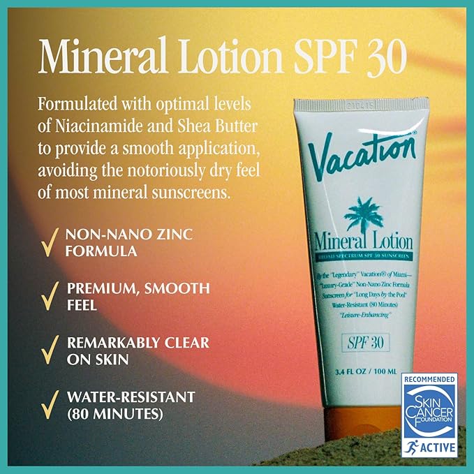 Vacation Mineral Lotion Sunscreen SPF 30 & Air Freshener Bundle, Non-Nano Zinc Oxide Formula, No White Cast, Water-Resistant, Dermatologist-Tested, Vegan, Travel Size, 3.4 Fl. Oz.