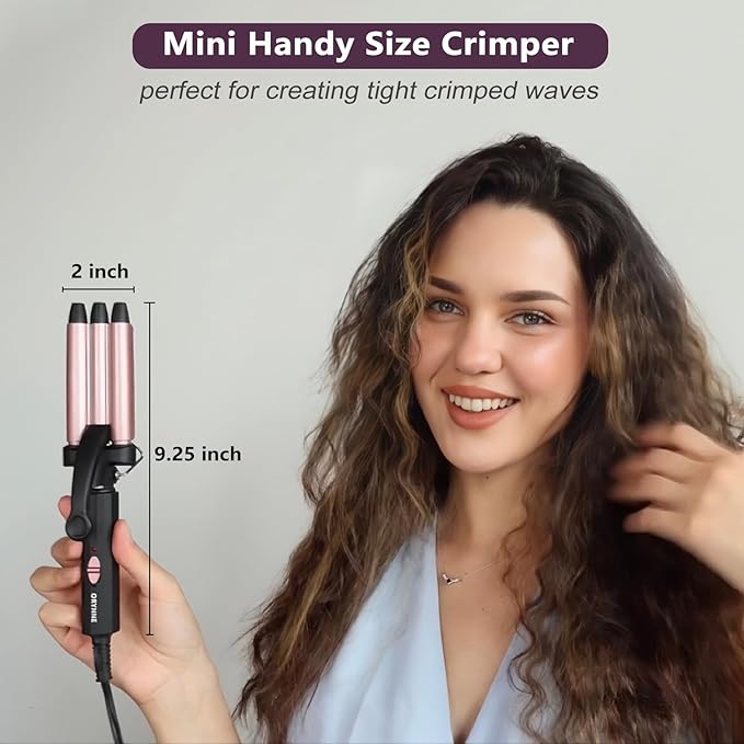 Crimper Hair Tool for Short Hair, 1/2 Inch Mini Crimper for Tight Beach Waves, Mini 3 Barrel Curling Iron with Argan Oil Infused, Beach Waves Curling Iron, Easy to Use