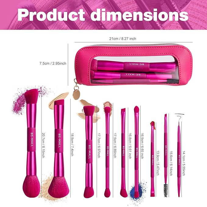 BS-MALL Double-ended Makeup Brush Set With Concealer Brush & Foundation Brush, Eyeshadow Brush- Travel-friendly Multi-purpose Brushes In Makeup Bag For Daily Use (9 PCS Hot Pink)