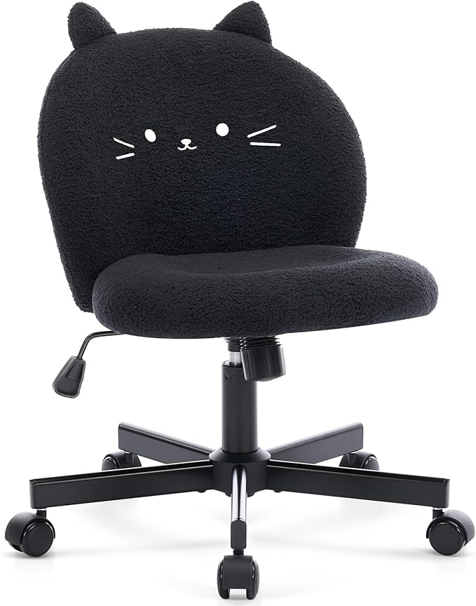 Vanity Chair with Cat Back,Armless Desk Chair Cute Small Office Chair,Teddy Fabric Computer Chair with Adjustable Height,120°Tilting,Rolling,Swivel for Vanity,Kids Room,Office,Bedroom Black