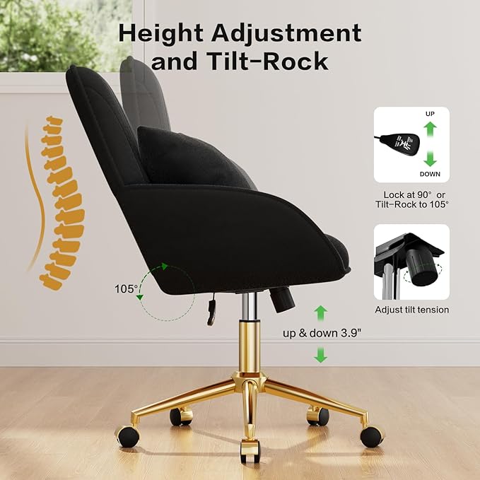 Home Office Desk Chair Comfy with Adjustable Swivel Wheels, Modern Velvet Makeup Vanity Chair with Back & Pillow, Ergonomic Office Chair Computer Task Chair for Living Room, Bedroom, Black