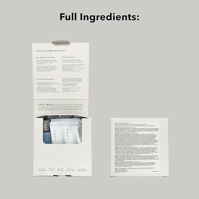 Travel Kit – Essential TSA Friendly Skincare Sample Set – Gentle Exfoliating Cleanser, Hydrating Toner, Moisturising Cream, 2 Wash Off Masks – Product of Korea
