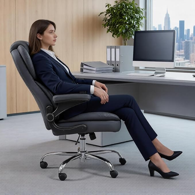 Hovos Office Chair, Ergonomic Big and Tall Desk Leather Chair with Padded Flip-up Arms, Adjustable Tilt Lock, Heavy Duty Swivel Rolling Computer Chair for Home Office, Grey