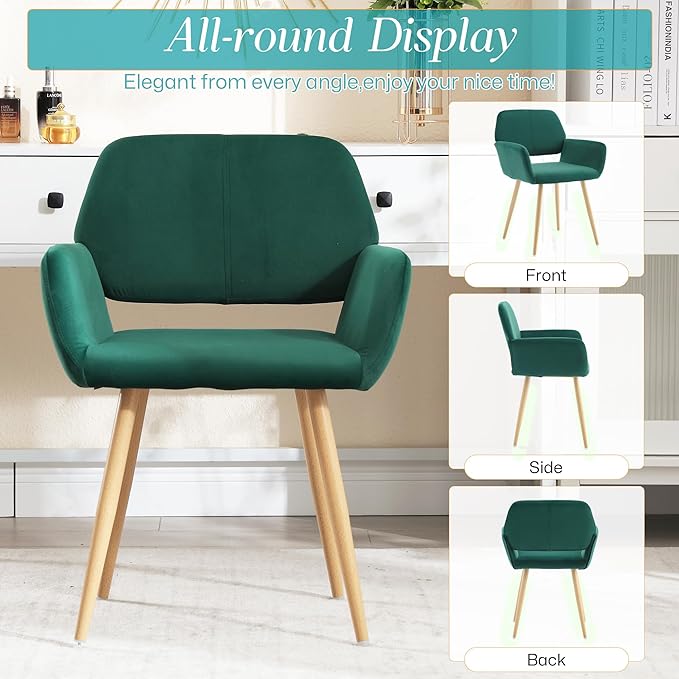 Home Office Velvet Desk Chair, Makeup Vanity Chair, Comfy Accent Armchair with Wood Grain Metal Legs, Cute Dining Chair with Hollowed Back, Dark Green