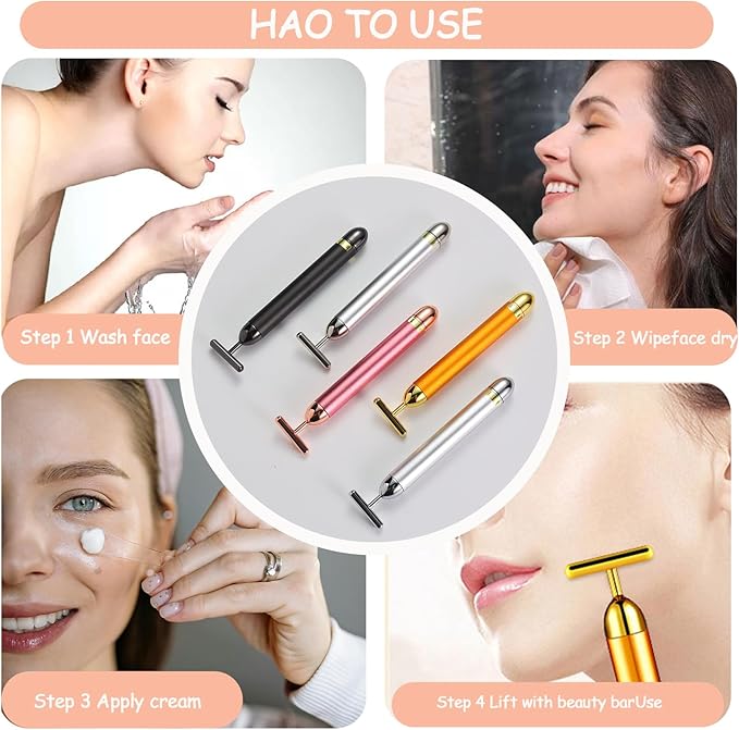Beauty Bar 24K Gold Facial Massager - Face T Shape Tool for Skin Care Tightening with Ergonomic Design (Pink)