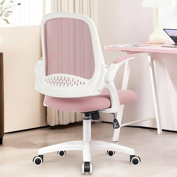 NEO Chair Office Desk Computer Gaming Ergonomic Chair with Lumbar Back Support Adjustable Height Swivel Wheels Flip-up Arms Mesh Chair for Home or Office (Pink)