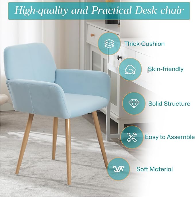 Home Office Velvet Desk Chair, Makeup Vanity Chair, Comfy Accent Armchair with Wood Grain Metal Legs, Cute Dining with Hollowed Back, Light Blue