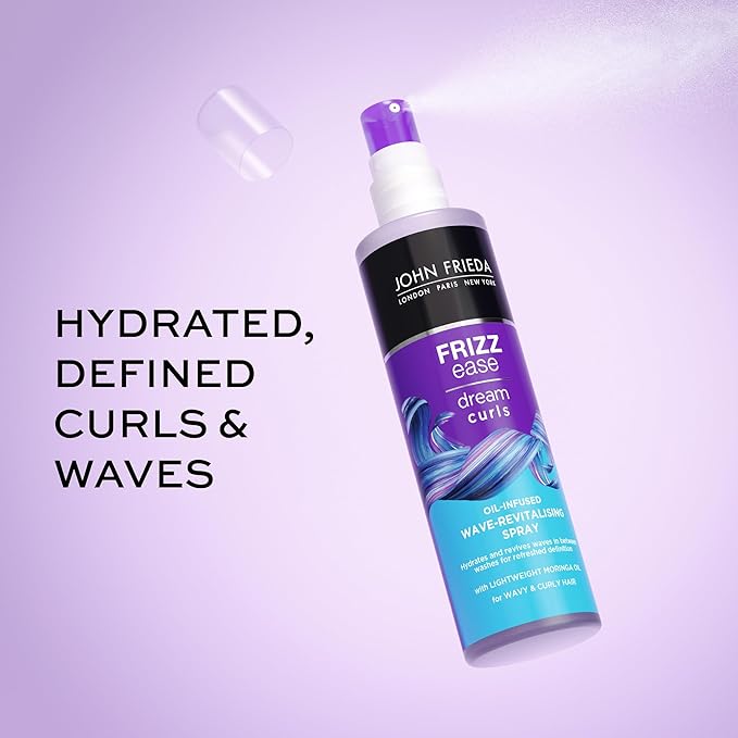 John Frieda Dream Curls Wave Revitalizing Spray, Light Moringa Oil Spray for Wavy Hair, Curly Girl Method Approved, Anti Frizz Curl Defining Spray, 5 Oz