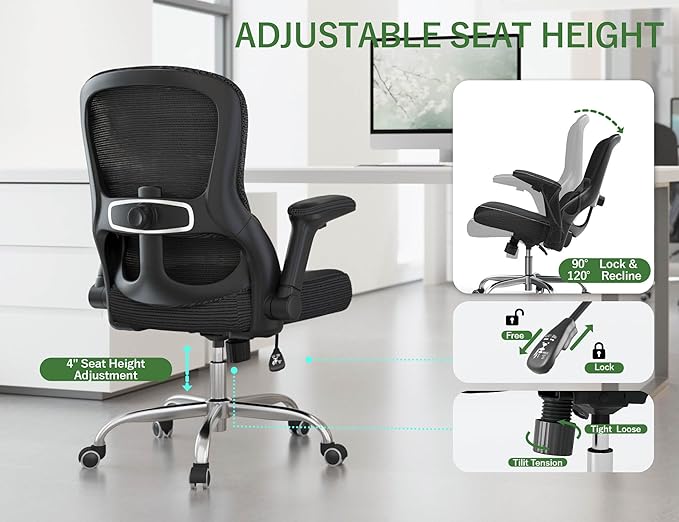 Ergonomic Office Chair - Desk Chair with Adjustable Lumbar Support Computer Chair - Mesh Comfy Chair with Flip-up Armrests - Gaming Chairs for Adults Home Office (Leather, Black)