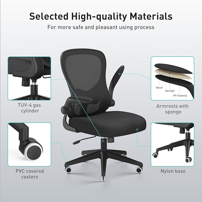 Hbada Office Chair Ergonomic Desk Chair, Office Chairs with PU Silent Wheels, Breathable Mesh Computer Chair with Adjustable Lumbar Support, Flip-up Armrests, Tilt Function, Black