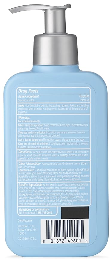 CeraVe Cleanser for Psoriasis Treatment, With Salicylic Acid for Dry Skin Itch Relief & Latic Acid for Exfoliation, Fragrance Free & Allergy Tested, 8 Ounce