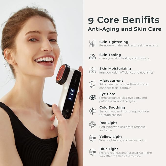 Radio Frequency Skin Tightening Machine, 6-in-1 Rechargeable Anti-Aging Skin Care Microcurrent Facial Device, Red Light, Wrinkle Remove, Rejuvenation, Skin-Firming, Coal Black and Pearl White