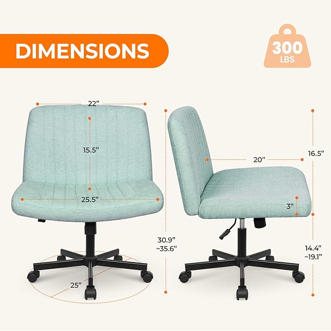 NEO Chair Criss Cross Chair with Wheels Home Office Cross Legged Armless Chairs Ergonomic Adjustable Computer Desk Task Wide Seat for Bedroom Vanity Comfy Swivel (Mint)