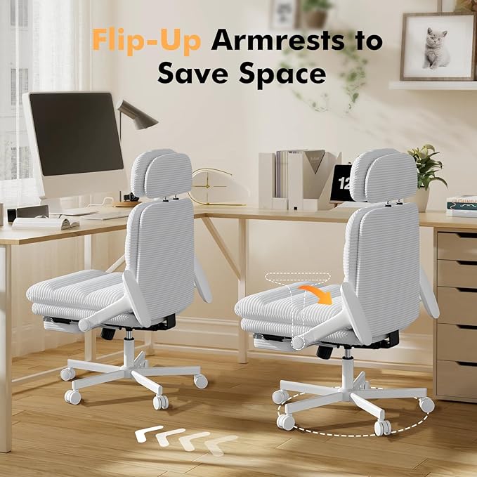 Criss Cross Chair with Wheels & Flip-up Arms, Executive Office Chair with Foot Rest, Swivel Cross Legged Office Chair with Lumbar Pillow, Corduroy Comfy Computer Desk Chair for Home, White