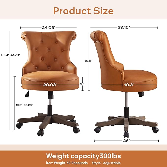 HUIMO Home Office Chair Upholstered Armless Desk Chair with Wheels Adjustable Height Computer Desk Chair with Wooden Legs Comfortable Swivel Chair for Home Office Study Studio (Caramel Brown)