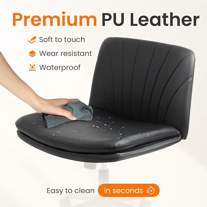 NEO Chair Criss Cross Chair with Wheels Armless Cross Legged Office Desk Wide Comfy Vanity Makeup Chair Adjustable Swivel Rolling Computer for Home Office PU Leather (Black)