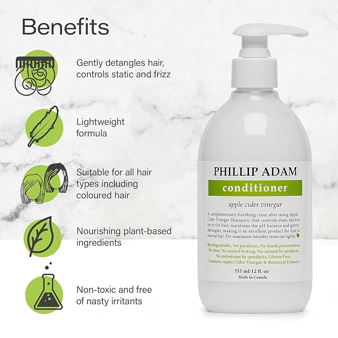 Phillip Adam Apple Cider Vinegar Conditioner for Shiny Hair - No Harsh Preservatives - For All Hair Types - 12 Ounce