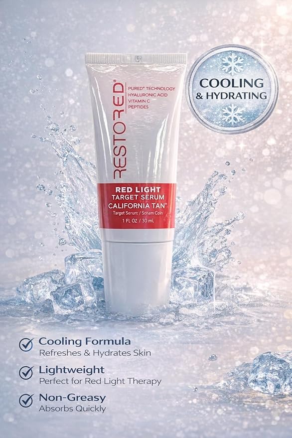 Restored Target Serum Red Light Therapy 1 oz Hydrating Anti-Aging Serum with Hyaluronic Acid, Vitamin C, Peptides for Face & Body