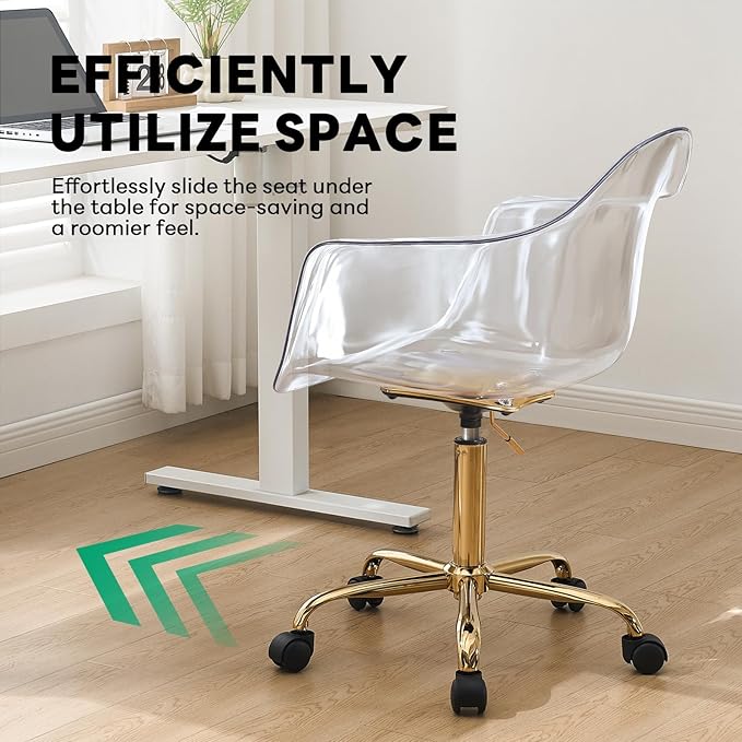 Lessmore Clear Desk Chair, Adjustable Acrylic Home Office Chair with Wheels, Swivel Vanity Rolling Chair Swivel Task Chair for Office, Home, Make Up, Small Space, Bed Room(Gold)