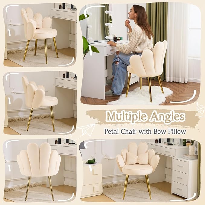 VINGLI Petal Makeup Vanity Chair with Back,Flower Cute Girls Desk Chair Comfy No Wheels,Modern Dining Chair,Small Accent Chair with Adustable Gold Legs&Bow Pillow for Home Office,Bedroom,Velvet,Beige