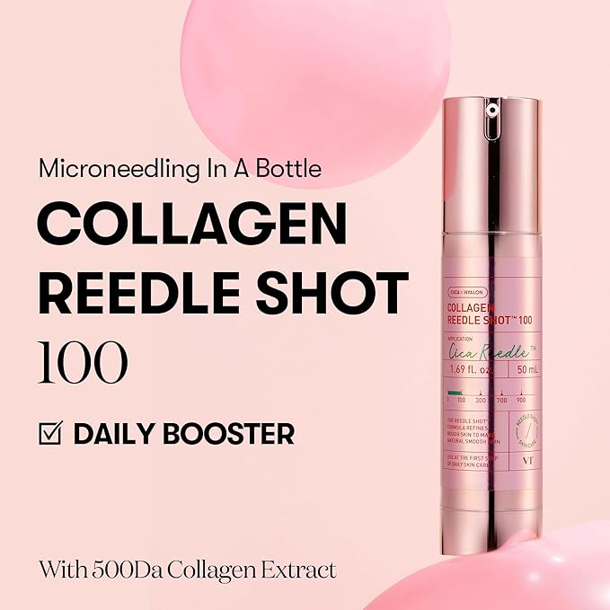 VT COSMETICS Collagen Reedle Shot 100 Serum with 500Da Collagen Extract & Spicule Microneedling Formula, Korean Skin Booster, 1.69 fl oz(50ml)
