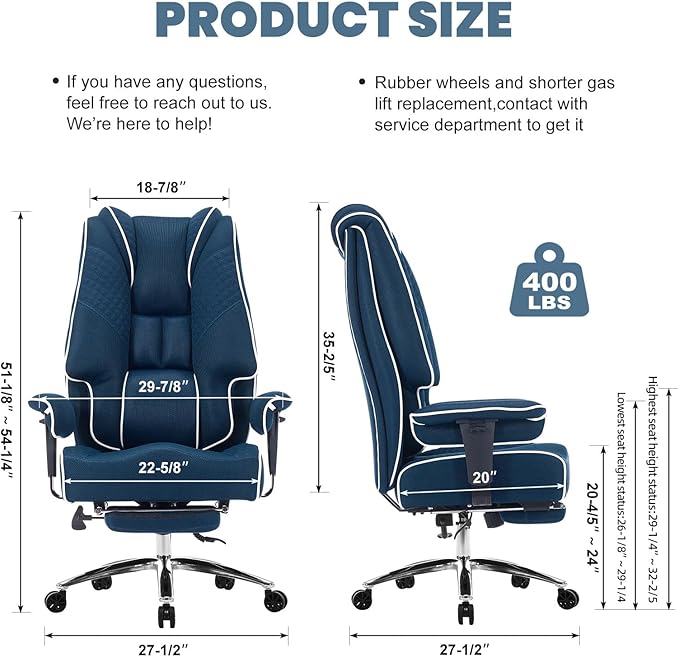 Big and Tall Office Chair 400lbs Wide Seat, Leather High Back Executive Office Chair with Lumbar Support, Ergonomic Chairs Padded Armrests & Thick Cushion (Mesh Blue)