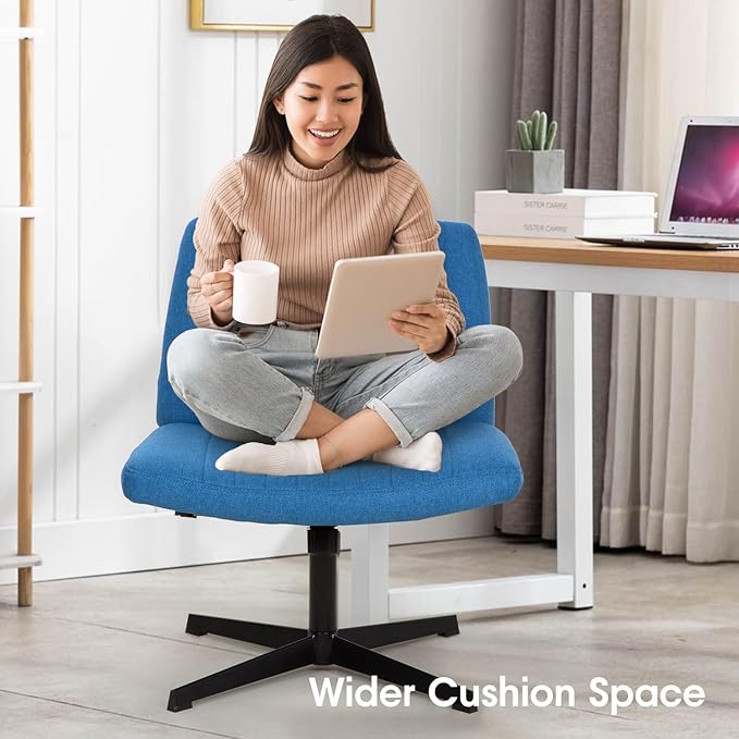 PayLessHere | Criss Cross Chair | Blue | Wide, Armless Desk Chair Without Wheels | 360 Swivel, Height Adjustable & Stable Metal Base | for Office, Home Office, Vanity Seating