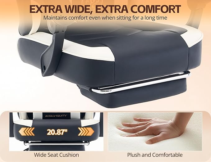 Office Chair Breathable Leather with Pocket Spring Cushion, Wide and High Ergonomic Office Chair with Headrest, Computer Gaming Chair with Footrest for Adult, Black and White