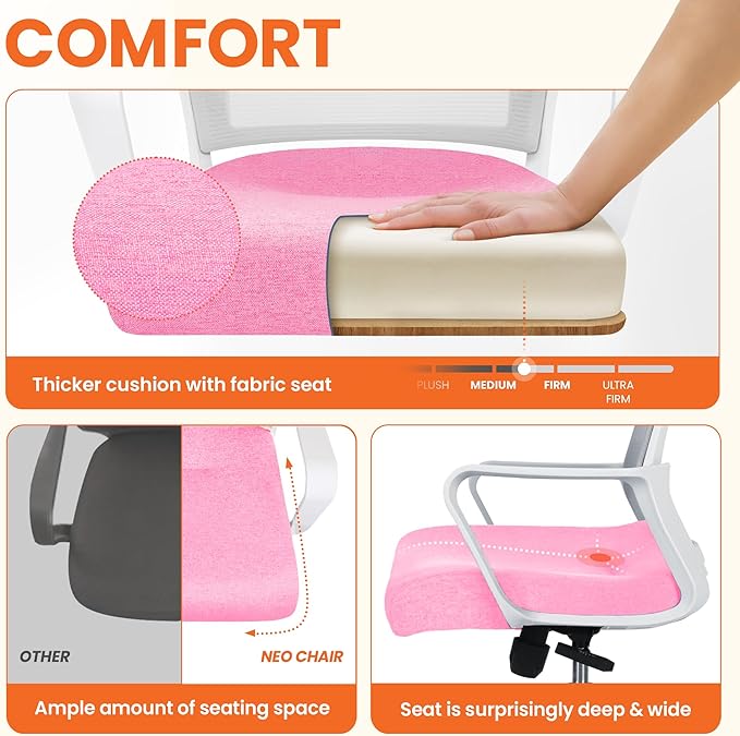 NEO Chair Office Chair Gaming Desk Computer Chair Ergonomic Mesh Mid Back with Wheels Lumbar Support Comfy Swivel Adjustable for Home (Pink)