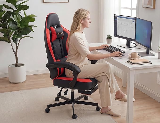 Office Chair Breathable Leather with Pocket Spring Cushion, Wide and High Ergonomic Computer Gaming Chair with Headrest and Footrest for Adult and Teen, Black and Red