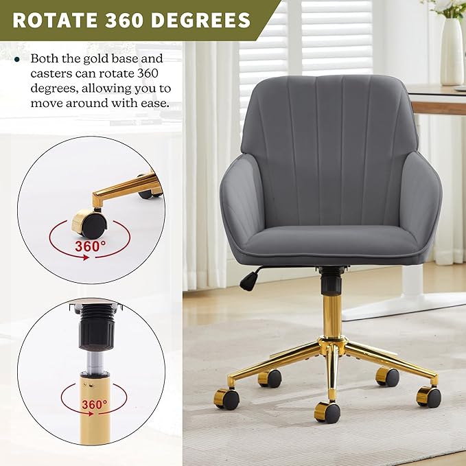 Velvet Home Office Desk Chair, Modern Cute Computer Task Chair with Back, Height Adjustable Upholstered Vanity Chair with Swivel Wheels for Women, Girls (Gold Base, Gray