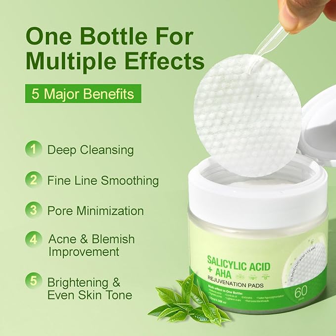 2% BHA+5% AHA Exfoliant Pads, Reduce Acne, Blackheads and Blemishes, Deep Cleanse, Control Oil, Minimizes Pores, AHA BHA Toner Pad Gentle Exfoliation, Improve Rough Skin, 60 Pads