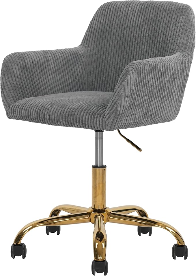 Faux Fur 360°Swivel Desk Chair, Height Adjustable Home Office Armchair with Golden Base for Teens Women Girls, Upholstery Computer Chair for Home Studios, Corduroy & Dark Gray
