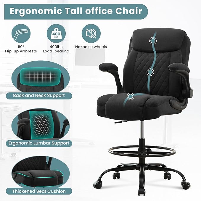 Drafting Chair for Standing Desk – Tall Office Chair with Adjustable Height & Foot Ring, Flip-Up Arms, Lumbar Support – Comfortable Fabric Seat, Ideal Home Desk Chair