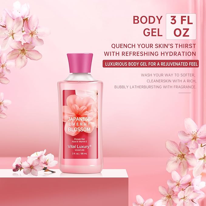 Bath and Body Gift Set – Japanese Cherry Blossom, Travel-Size Spa Kit with Gel, Lotion, Mist & Natural Extracts, Ideal for Birthday, Mother's Day & Christmas Gifts